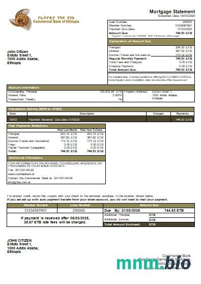 Etiopia Bank Handlowy wyciąg z kredytu hipotecznego szablon Word i PDF
